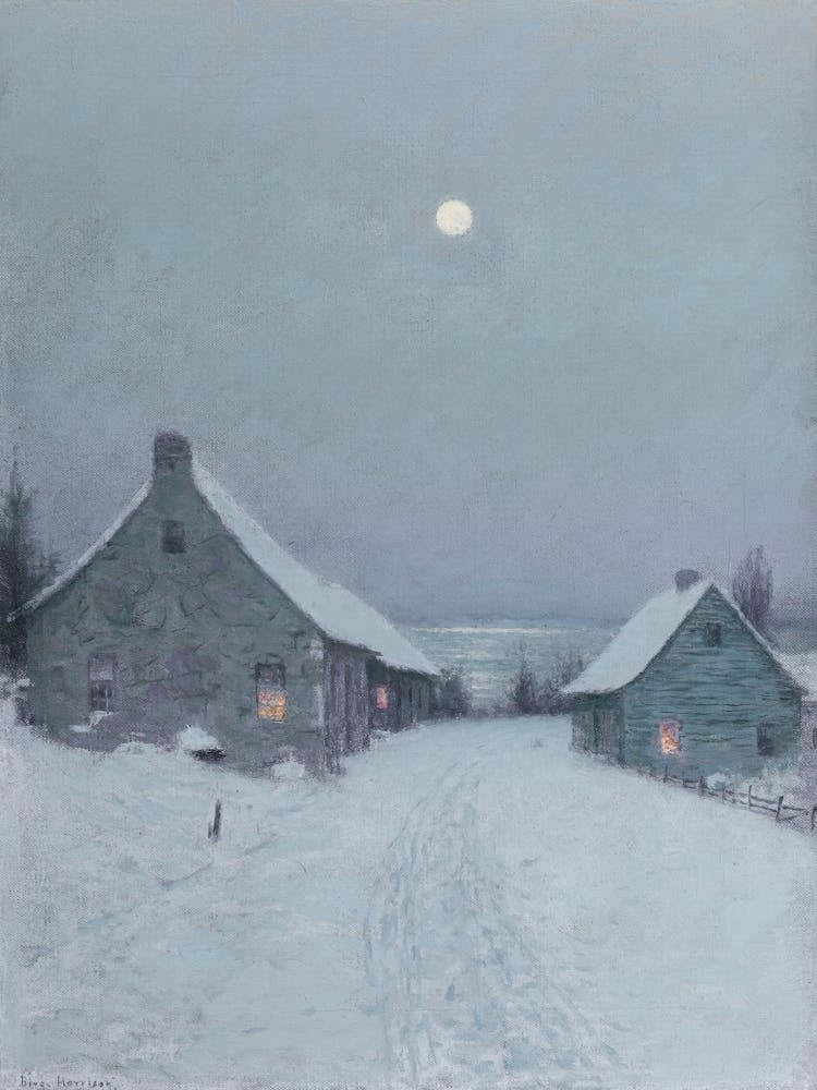Moonlight Over A Snowy Village, Muted Vintage Winter Landscape