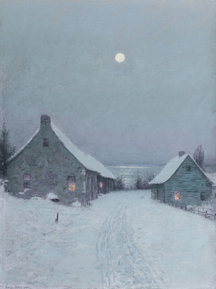 Moonlight Over A Snowy Village, Muted Vintage Winter Landscape