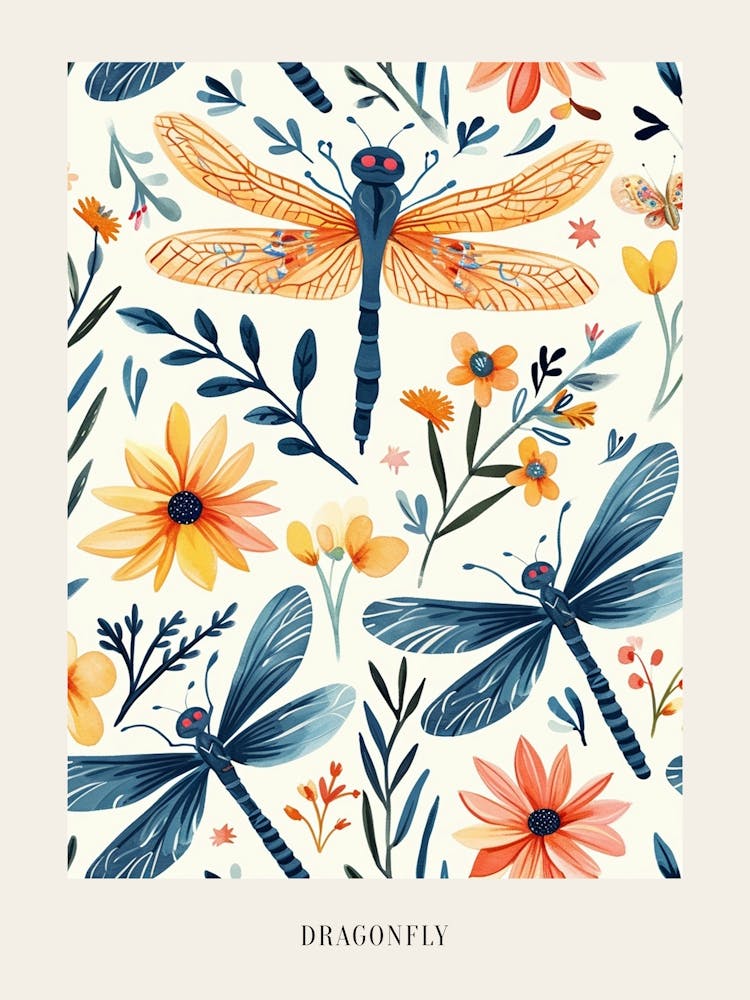 Colourful Insect Illustration Dragonfly 12 Poster