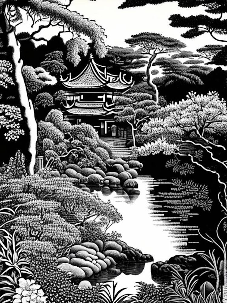 Japanese Friendship Garden, Usa Linocut Black And White Vintage