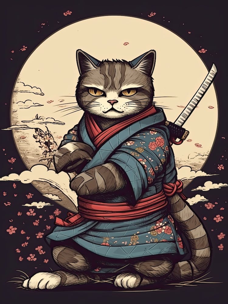 Cute Samurai Cat In The Style Of William Morris 8