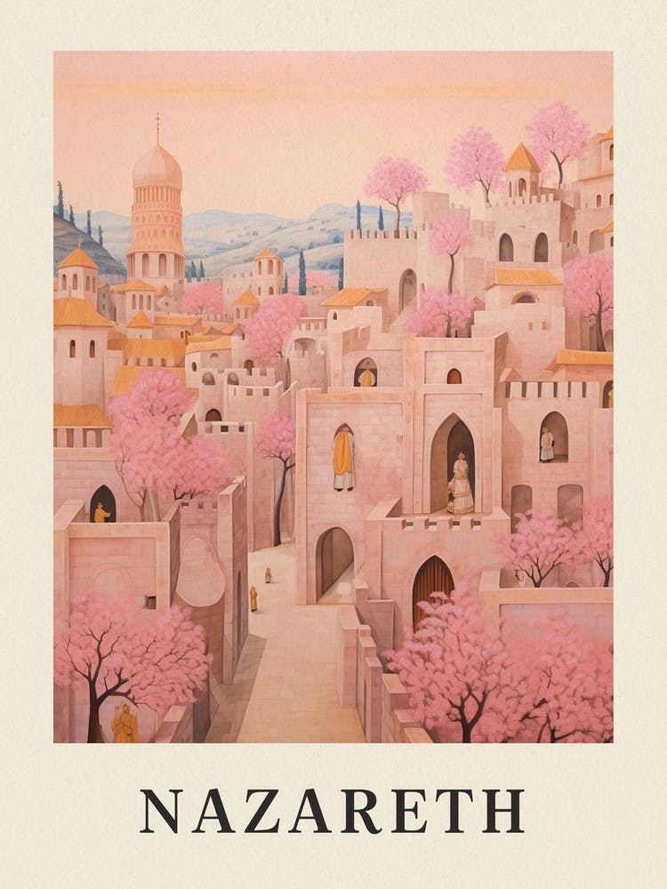 Nazareth Israel 2 Vintage Pink Travel Illustration Poster