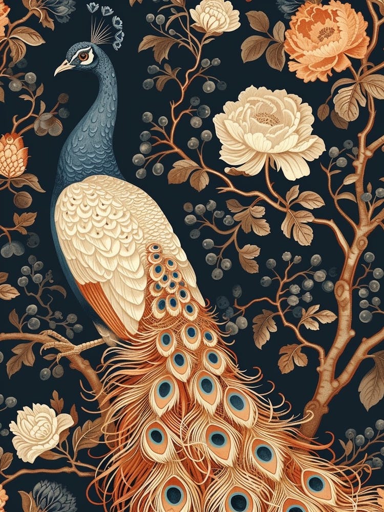 Navy Blue & Brown Peacock Wallpaper