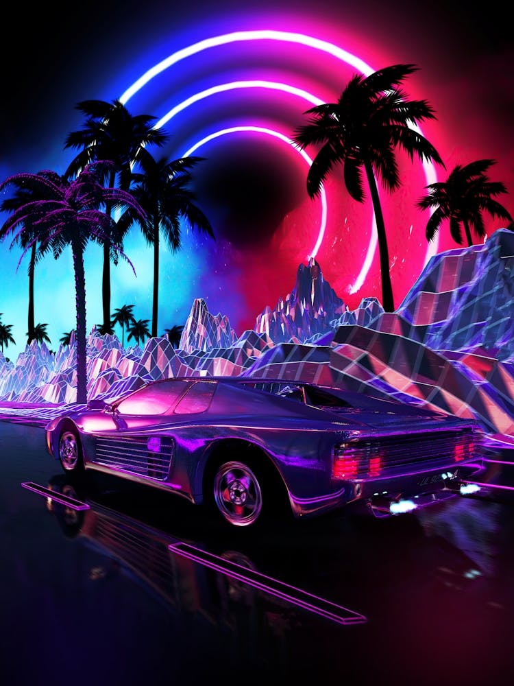 Neon landscape: Synthwave palms & car, outrun [synthwave/vaporwave/cyberpunk] — aesthetic retrowave neon poster