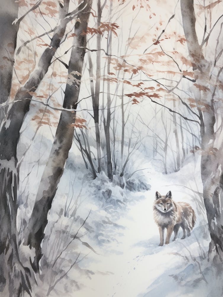 Winter Aquarell Grauwolf 3