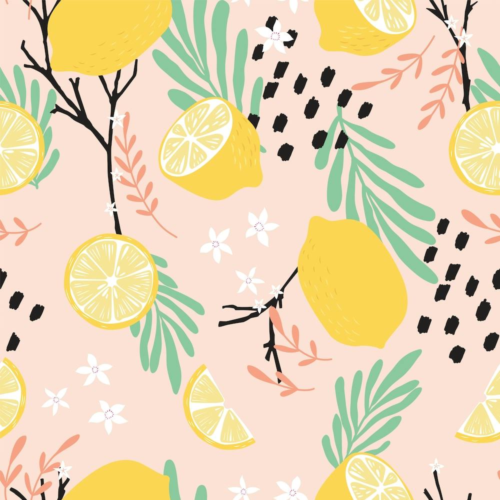 Lemon Pattern On Pink With Flowers And Florals Square