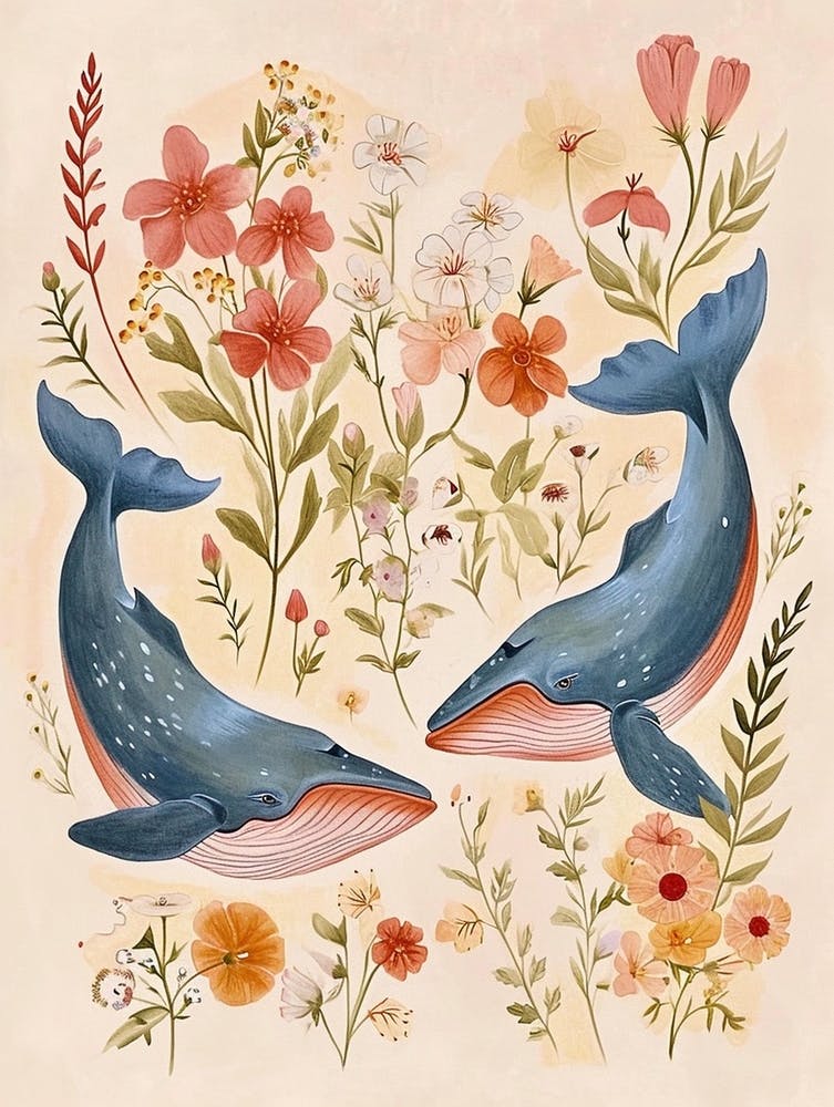 Folksy Floral Animal Drawing Whale