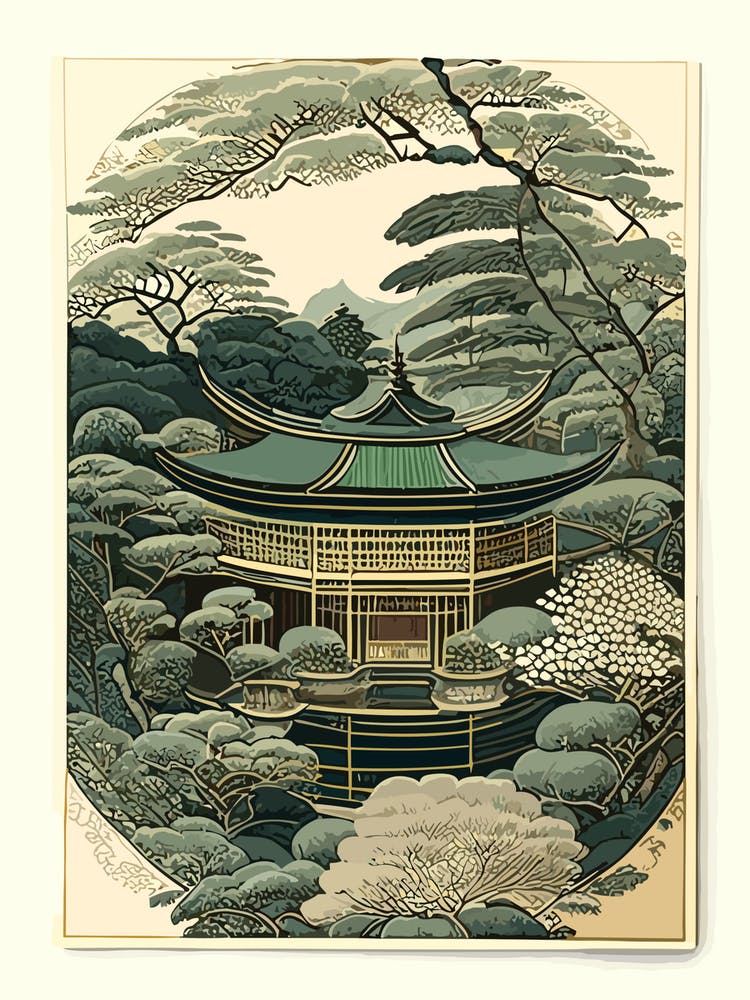 Ginkaku Ji Temple, Japan Vintage Botanical