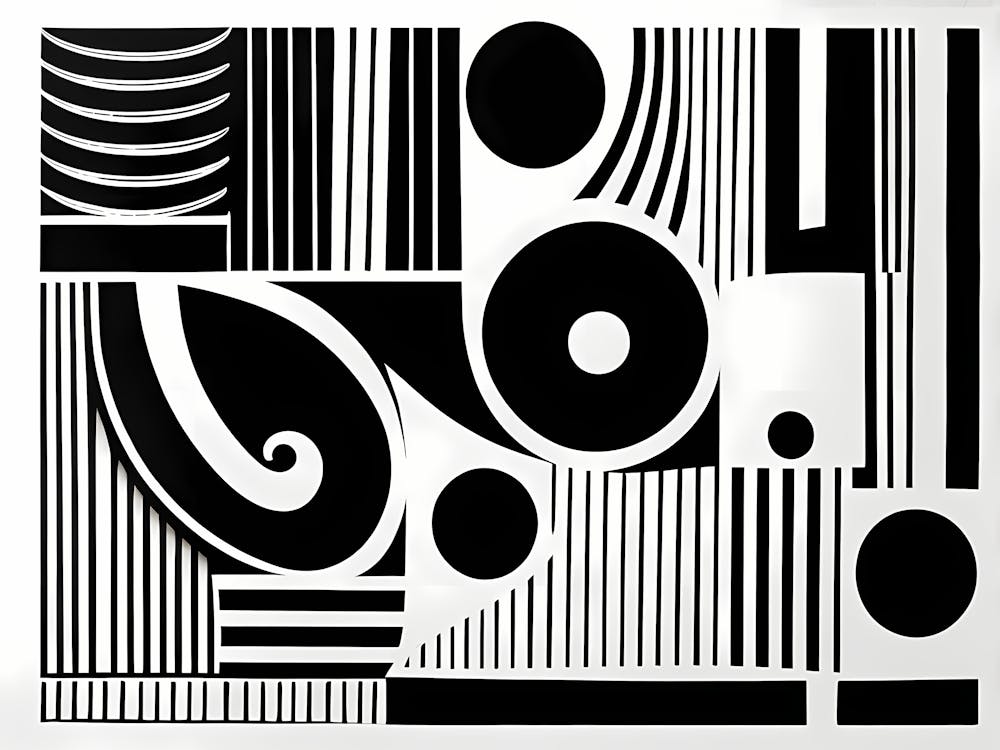 Retro Inspired Linocut Abstract Shapes Black And White Colors art, 218