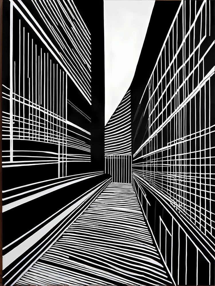 Street in London , Linocut inspired Black and white Art of Street