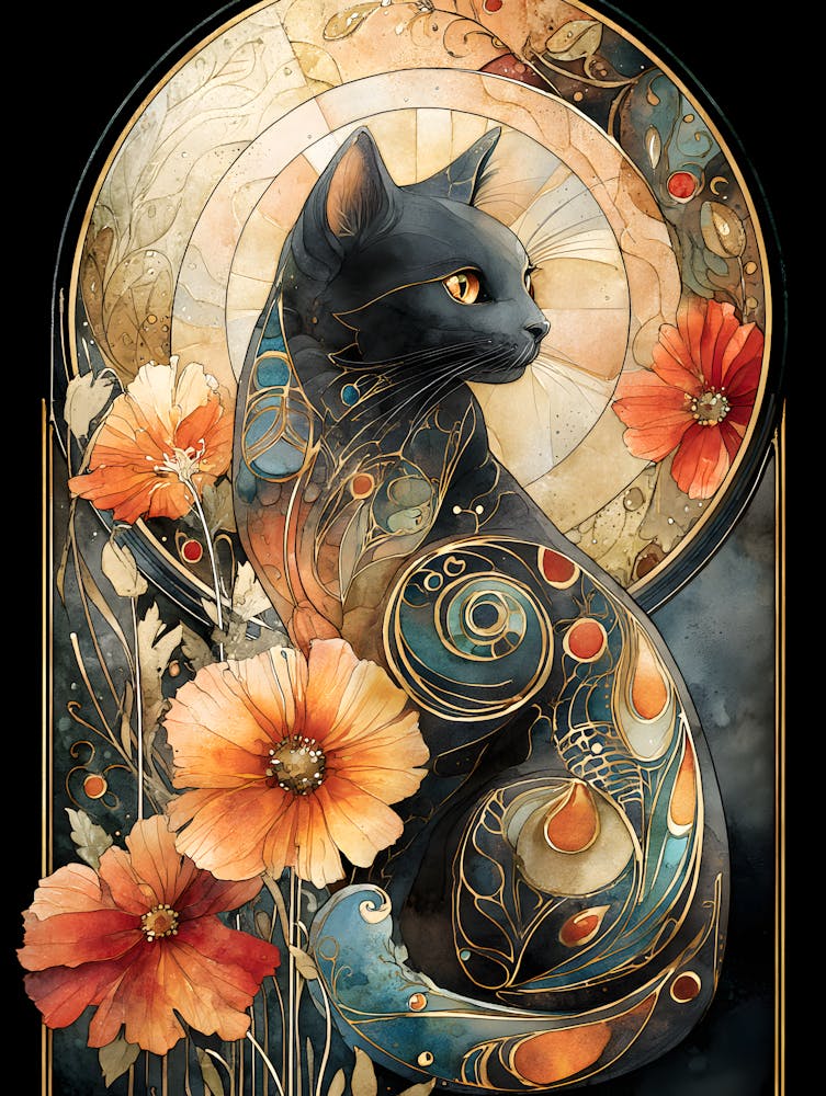 Black Cat With Flowers 4
