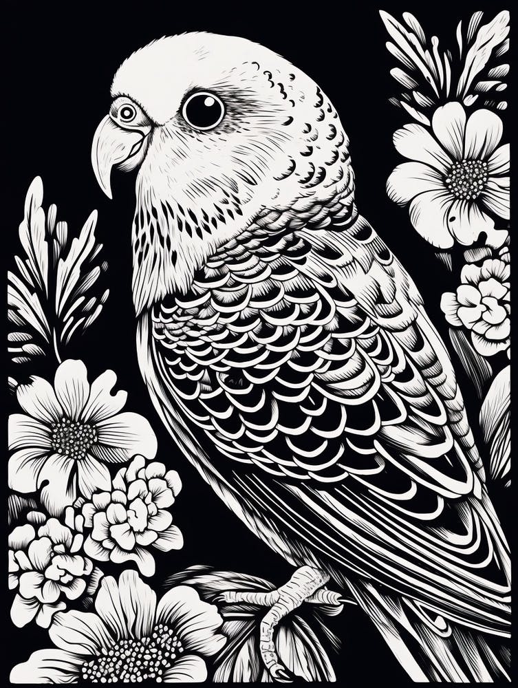B&W Bird Linocut Budgerigar 2