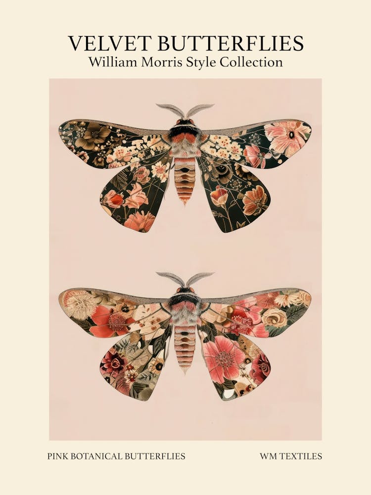 Velvet Butterflies Collection Pink Botanical Butterflies William Morris Style 9