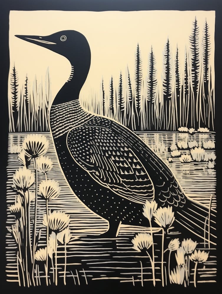 Linogravure d'Oiseau N&B - Plongeon Huard 4