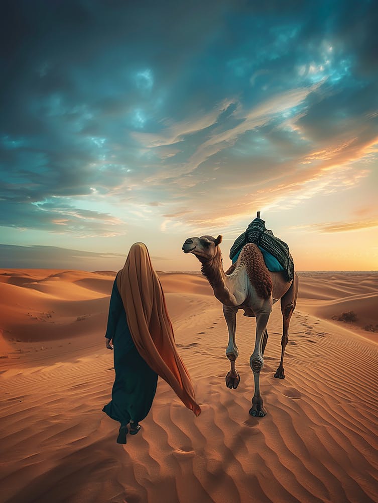 Camel And Woman In The Desert
