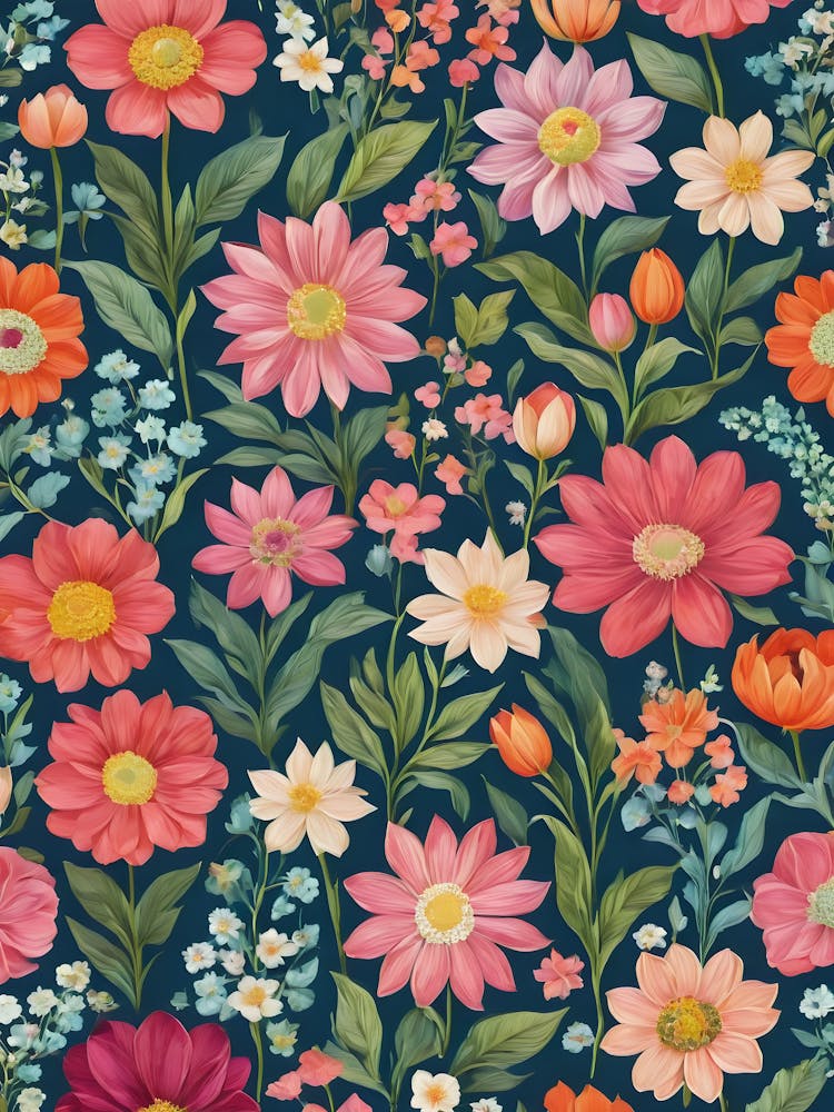 Painted Spring and Summer Flowers Boho Pattern - Navy Background Pinks Yellow Daisy Bohemian Wallpaper Art Like Amy Butler and William Morris Fabric Print For Lunar Pagan Gallery Feature Wall Floral Botanical Luna Lover HD