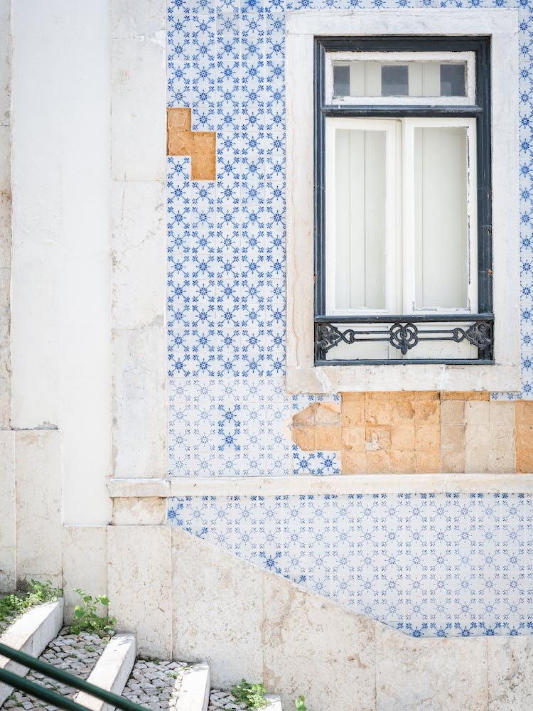 Light Blue Ceramic Tiles Stairs And Wall Alfama Lisbon
