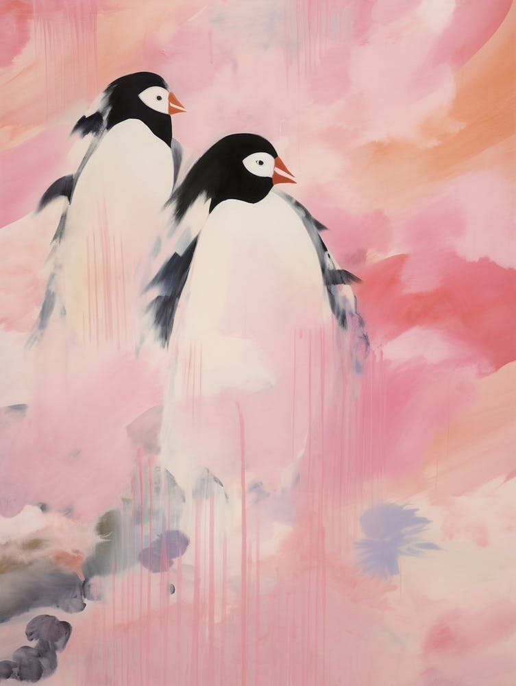 Pink Ethereal Bird Painting Penguins 1