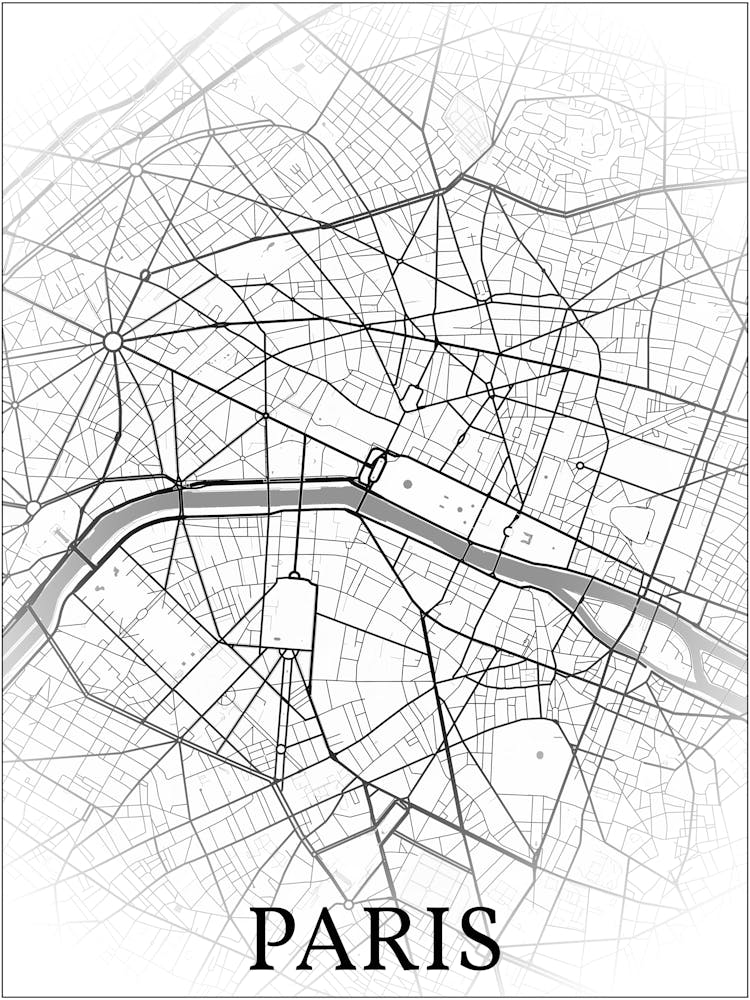 Paris, Île De France, France, City Map, Black And White Fade Design