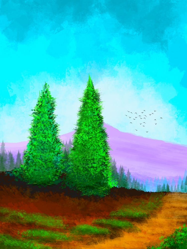 Landscape Scenario Scenic Vista Panorama Horizon Design Illustration Environment Tree Path Mountain Sky Clouds Exterior Nature Green Blue The Forest