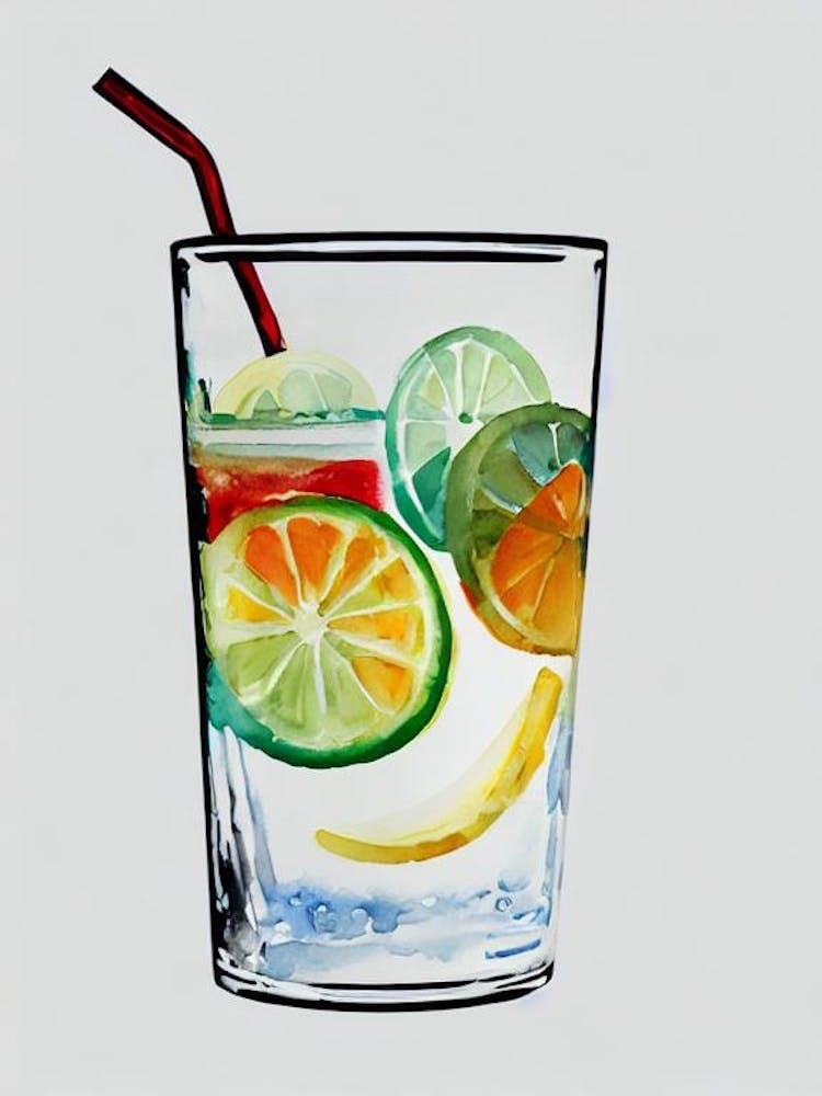 Long Island Iced Tea Minimal Line Drawing With Watercolour Cocktail Poster