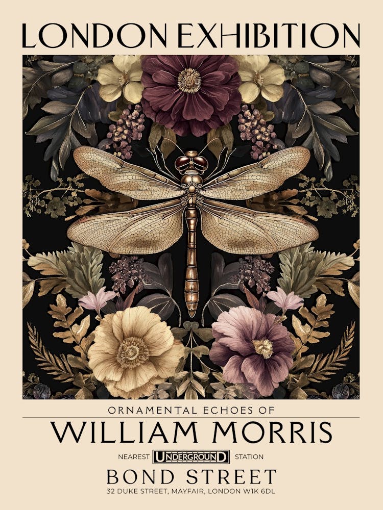 William Morris Dragonfly and floral artwork in Warm earth tones, insect and flower pattern dark academia library Botanical vintage print, living room vintage decor Floral tapestry Victorian nature art 5