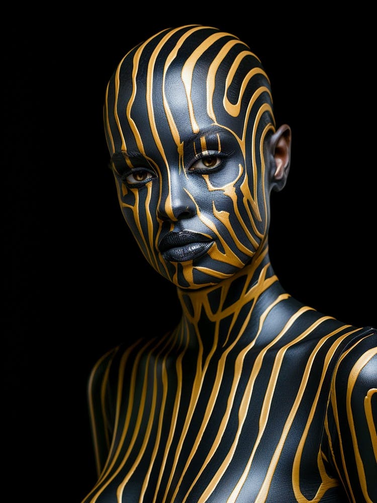 Artistic portrait of young extravagant bald woman with a black and yellow costume