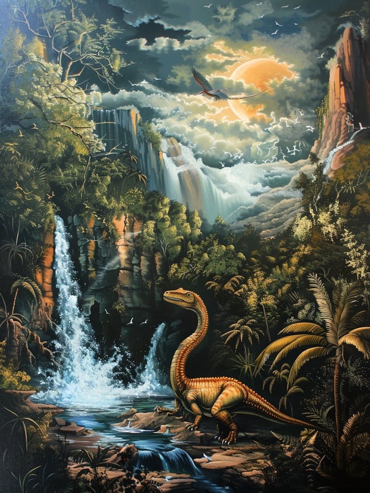 Dinosaur By A Waterfall Painting 2