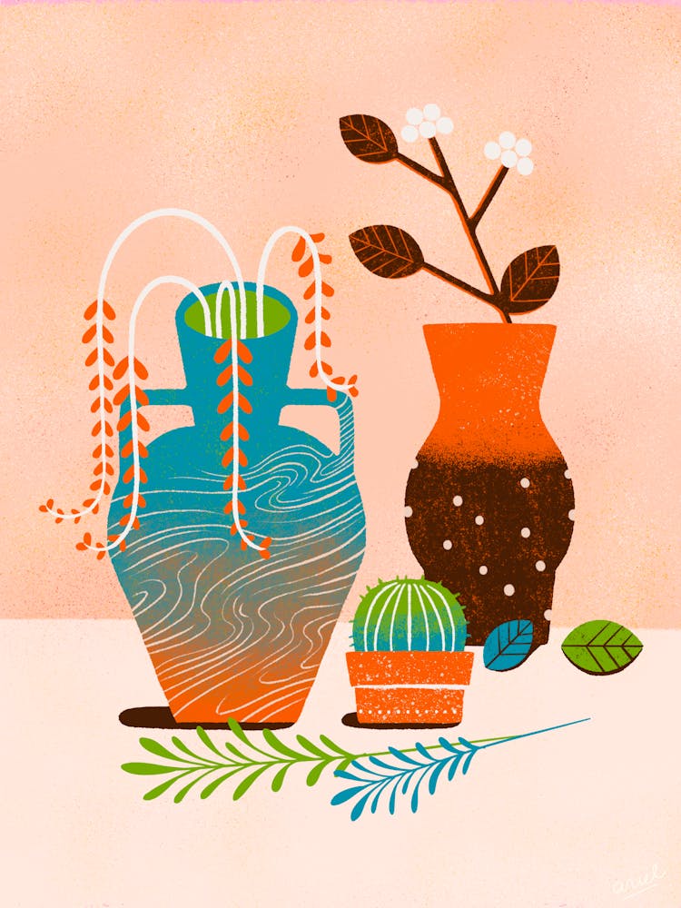 Vases Oranges et Plantes