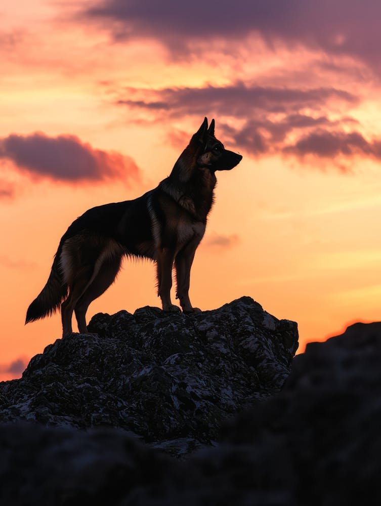 Sonnenuntergang Deutscher Schäferhund. KI-generiert. 1