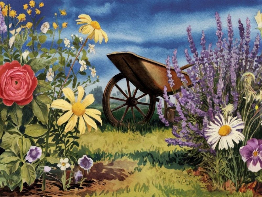 Vibrant Flower Garden Painting: Wheelbarrow with Roses, Daisies & Lavender