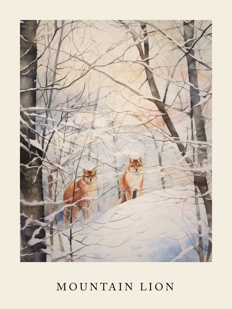 Winter Watercolour Mountain Lion 2 Poster