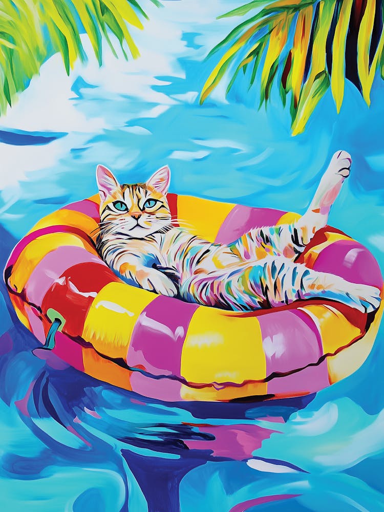 Colourful Cat Lounging In The Pool