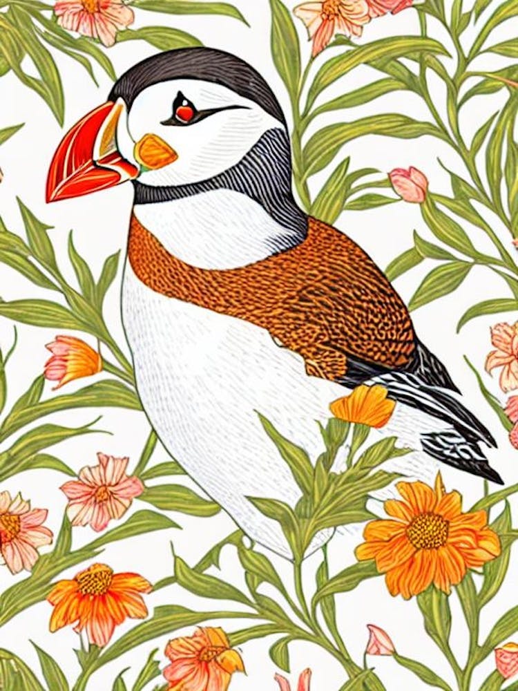 Puffin William Morris Style Bird