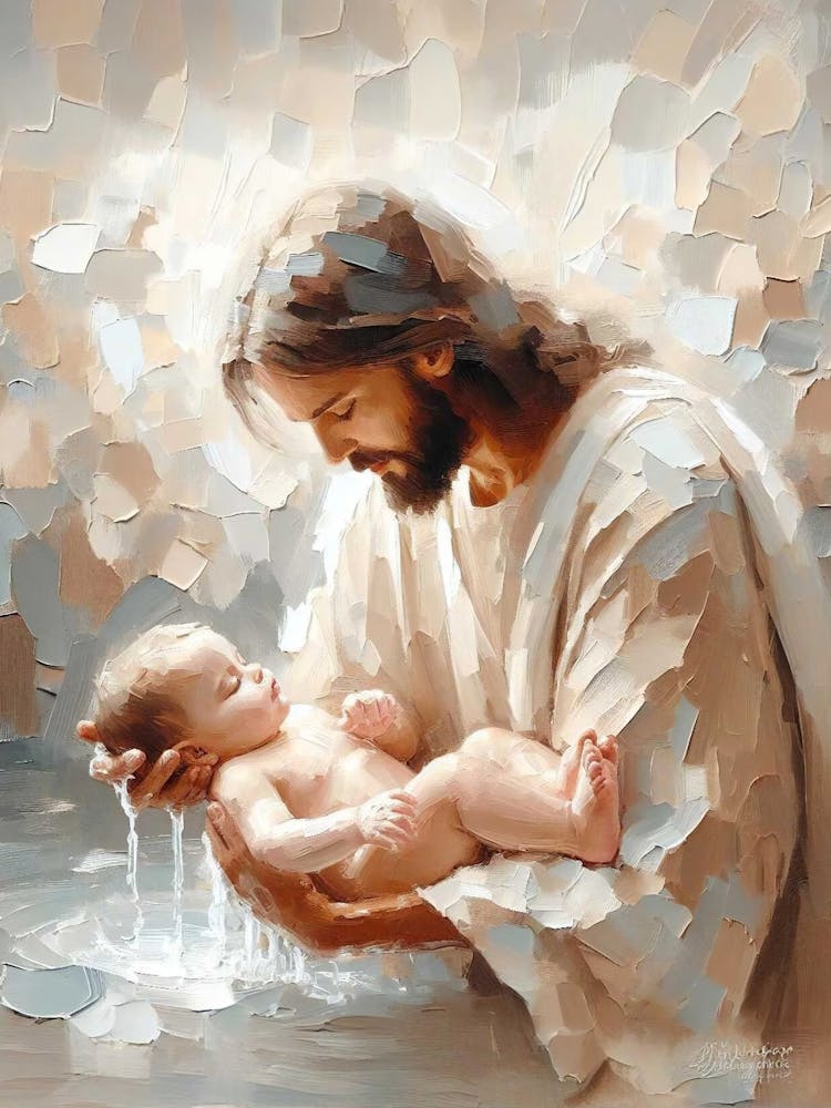 Bathe In Love, Christian Art, Nursery Children Art, Jesus Baptism Baby, Lds Art, Digital Bible Art, Baptism Painting, Jesus With Baby Art