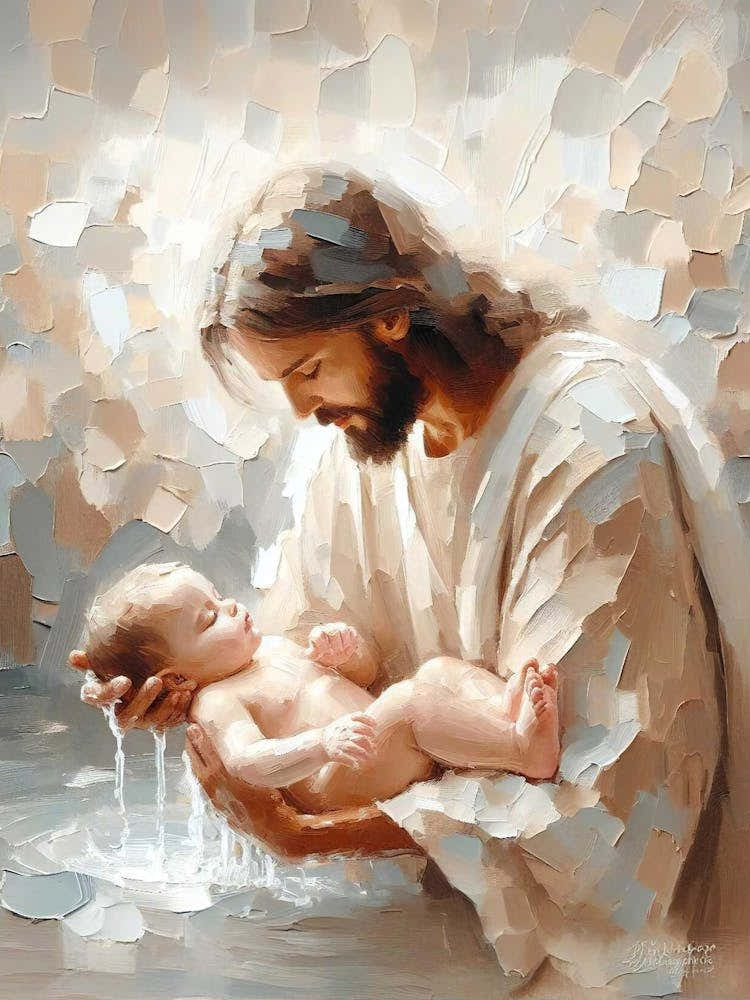 Bathe In Love, Christian Art, Nursery Children Art, Jesus Baptism Baby, Lds Art, Digital Bible Art, Baptism Painting, Jesus With Baby Art