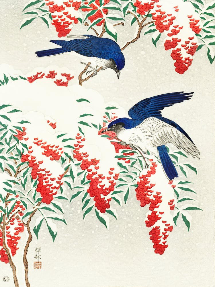 Flycatchers On A Nandina Bush, Ohara Koson Vintage Japanese