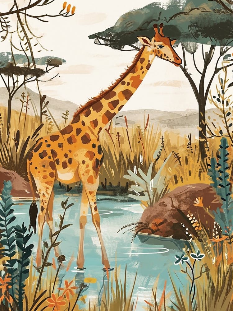 Giraffe In The Water Hole Modern Illustration 2