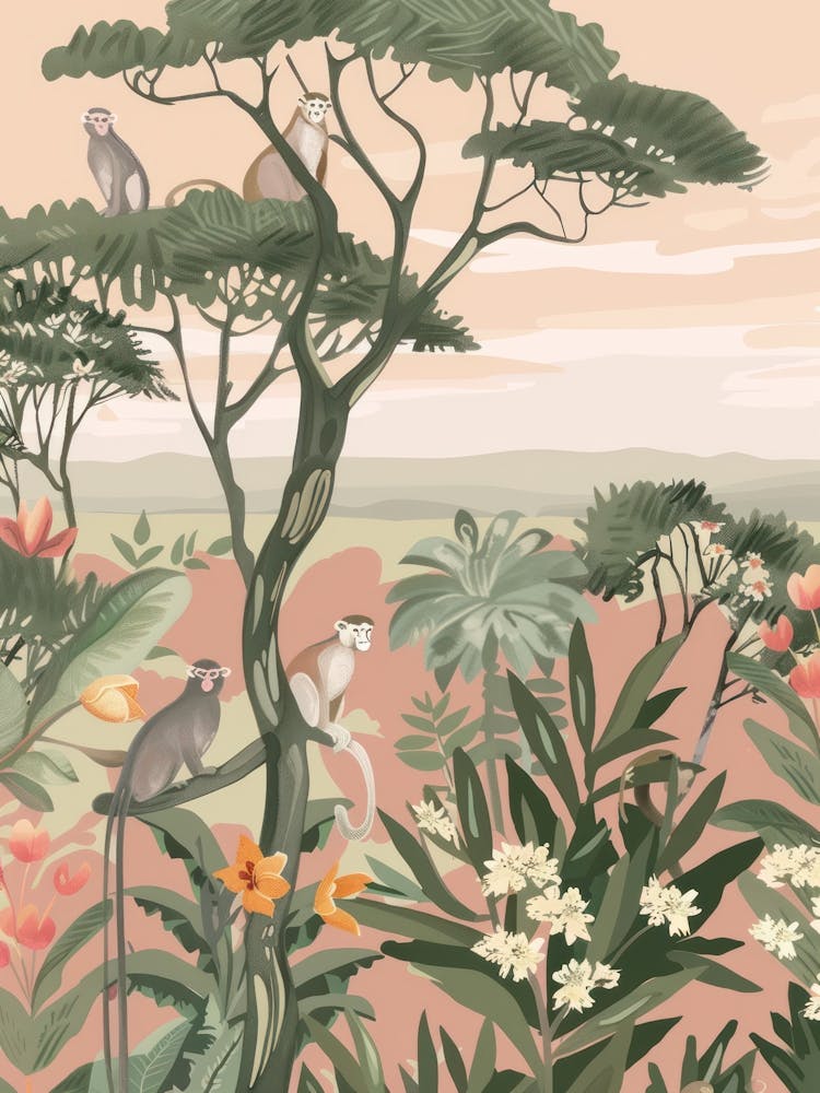 Monkeys Pastels Jungle Illustration 1