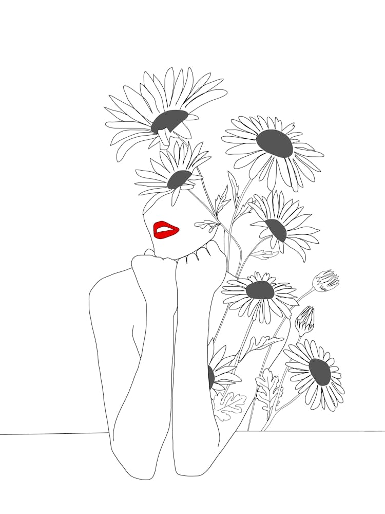 Minimal Line Art Girl with Sunflowers
