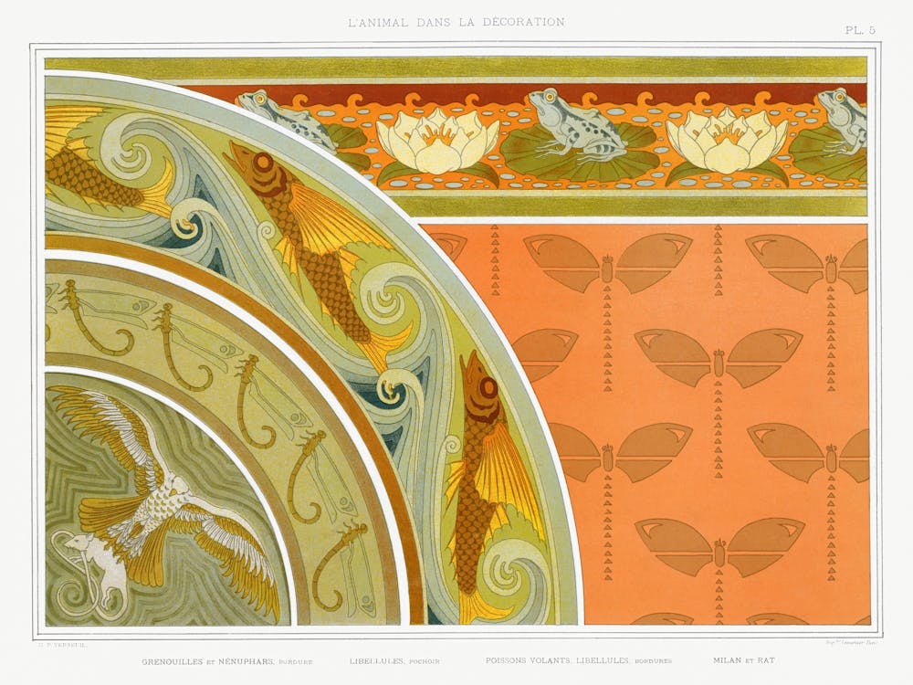 Frogs And Water Lilies,; Dragonflies; Flying Fish, Kite And Rat From The Animal In The Decoration (1897), Maurice Pillard Verneuil