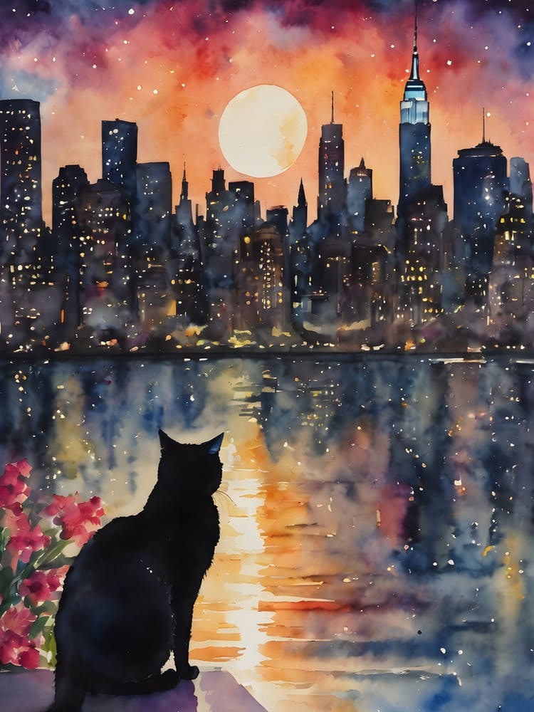 A Black Cat Watches Sunset Over New York Skyline Watercolor, Black Cat in The Big Apple, Witchy Cats, Iconic Cats Watercolour Painting, Colorful Pagan Dreamy Cats Among Wildflowers Living Room Artwork Famous Cityscape, Harbour Wiccan Wheel of The Year, Pretty Cats Yoga Spiritual Giant Buildings, Modern City, New York Reflecting