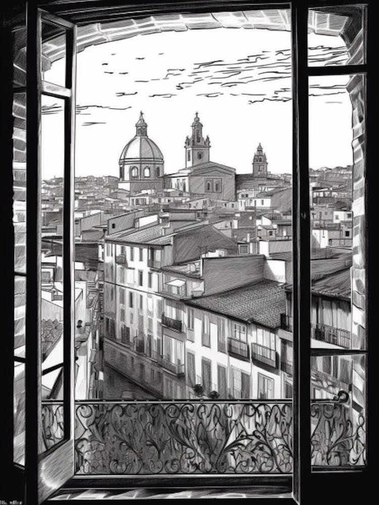 A Window View Of Barcelona In The Style Of Black And White  Line Art 1