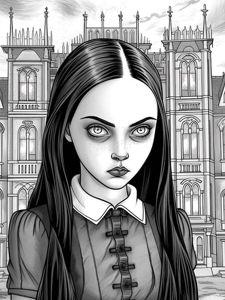 Nevermore Academy With Wednesday Addams And A Cat Line Art 6 Fan Art