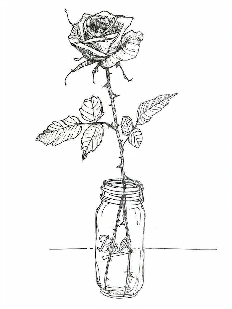 English Rose In A Jar Line Drawing 4