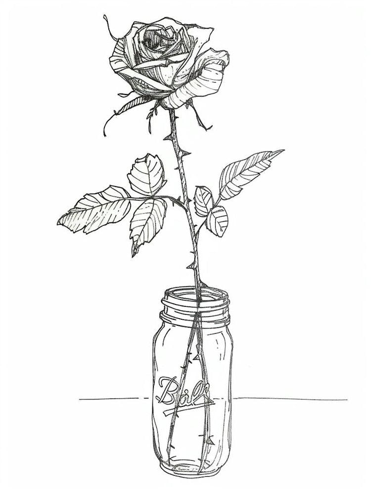 English Rose In A Jar Line Drawing 4