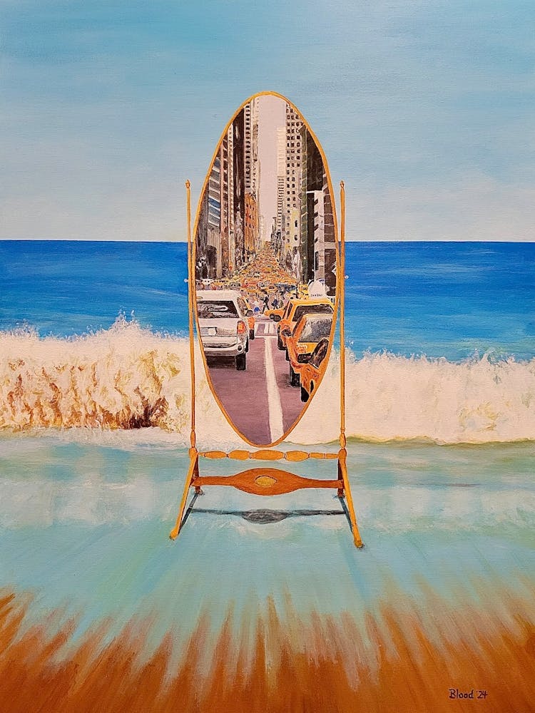 Surreal mirror showing New York city street on a beach