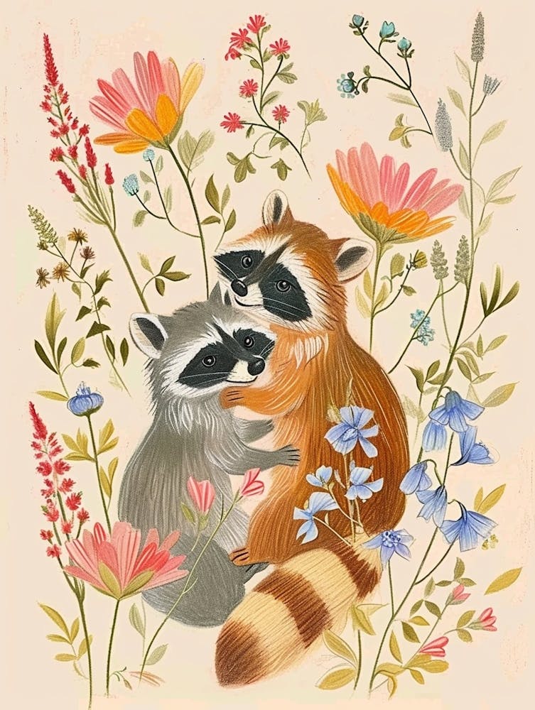 Folksy Floral Animal Drawing Racoon