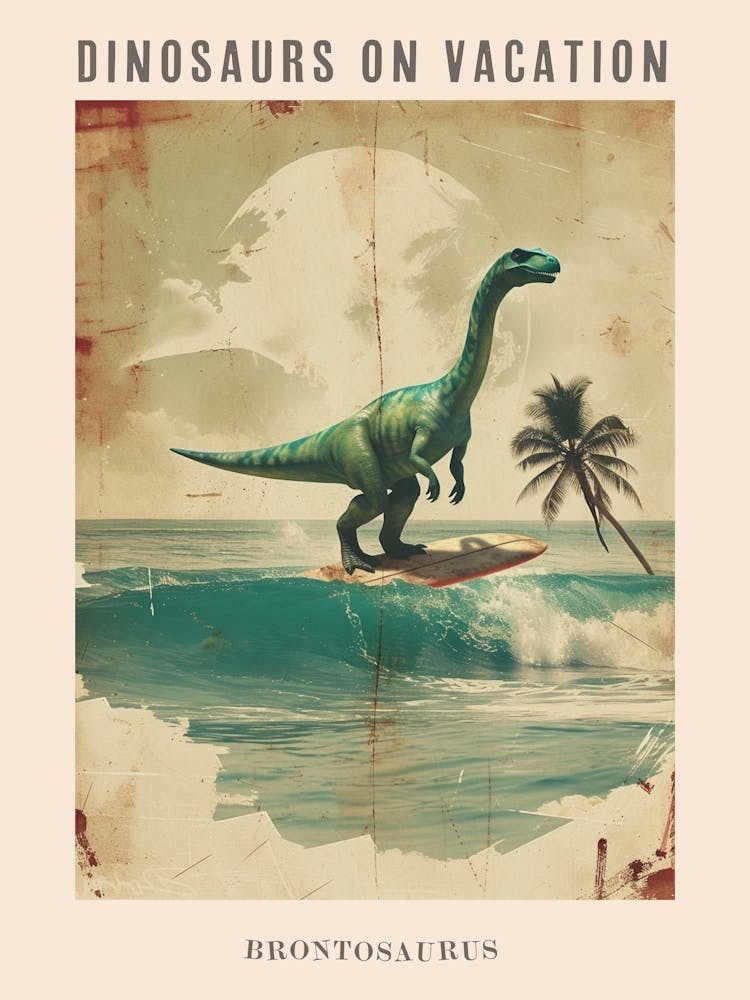 Vintage Brontosaurus Dinosaur On A Surf Board 1 Poster