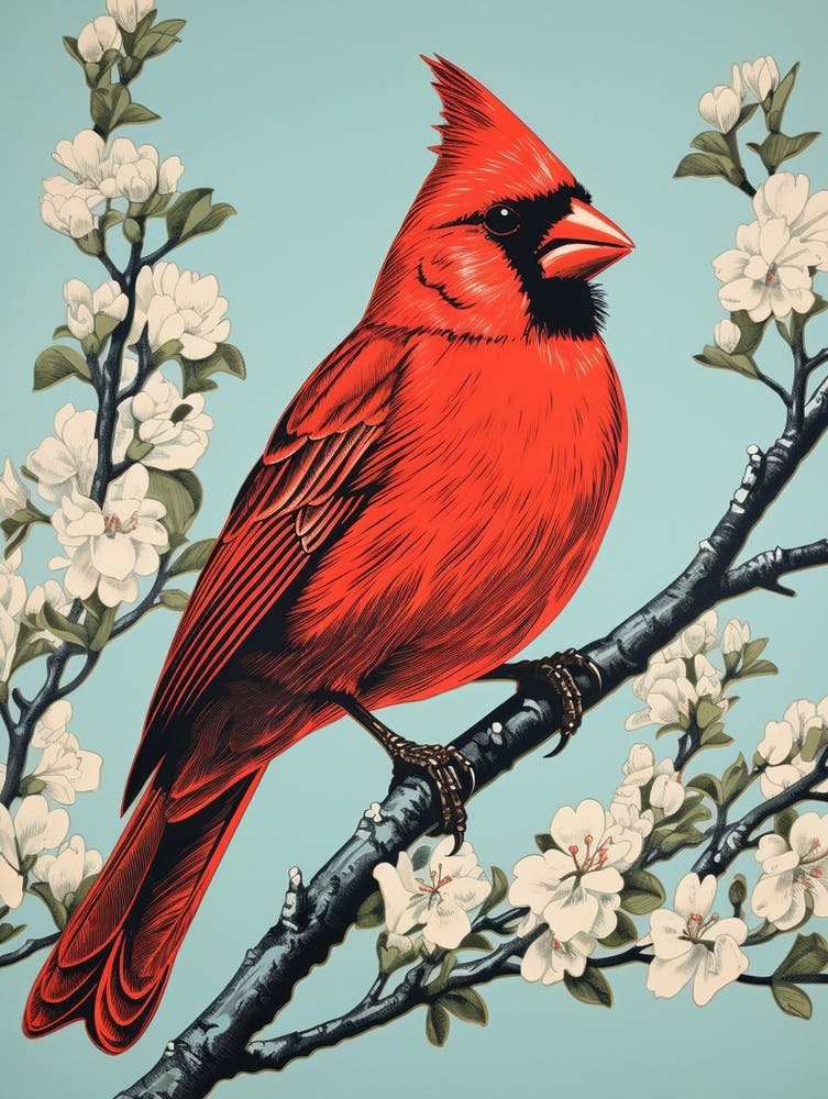 Vintage Bird Linocut Northern Cardinal 3